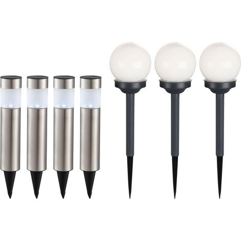 7er Set LED Solar Lampen Kugel Steck Strahler Garten Weg Erdspieß Edelstahl Säulen Außen Leuchten