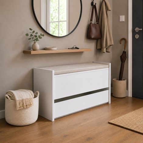 The White Stone Cassapanca Contenitore Bianca con Cassetto Inferiore e Vano Interno  Panca Ingresso Salvaspazio con Chiusura Soft Close  Baule Multiuso 90x40x46 cm (1/5)