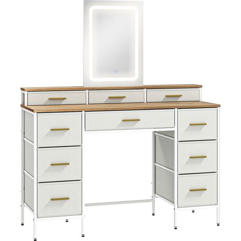Coiffeuse avec miroir lumineux LED 3 teintes, table de maquillage à 10 tiroirs en textile, 118,5 x 39,5 x 140 cm, bois naturel (1/5)