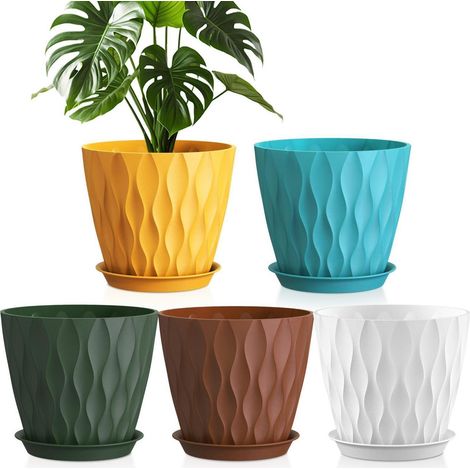 Blumentöpfe 5er Set Ø 20 cm mit Untersetzer, Kunststoff Pflanztöpfe mit Abflusslöchern, 3D Wellenstruktur, für Innen & Außen (1/5)