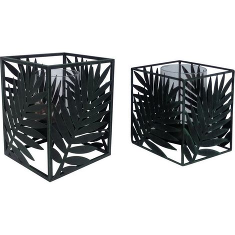 TrendLine Windlicht Teelichthalter Metall Palme Schwarz Kerzenhalter 12x12x14cm