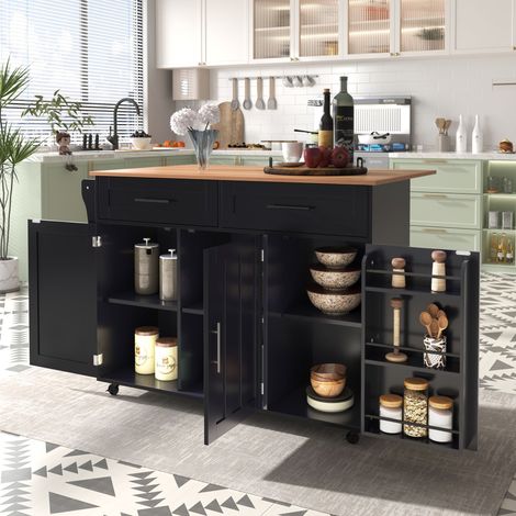 Îlot central de cuisine extensible Noir,Desserte Cuisine avec 2 tiroirs,plan de travail,sur roulettes,129x46(71)x91.5cm (1/5)