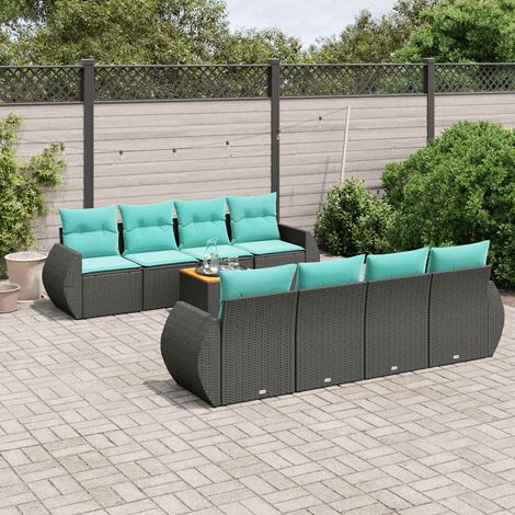 9-teiliges Gartensofa-Set mit Kissen, schwarzes Polyrattan (1/5)