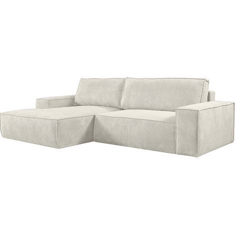 Vente-Unique – Canapé d'angle gauche convertible 4 places en velours côtelé beige – Système coulissant avec coffre de rangement – Confort équilibré