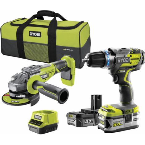 RYOBI - DUO 18V ONE+ Kit utensili elettrici senza fili - Trapano a percussione e smerigliatrice angolare - 2 batterie al litio da 5,0 e 2,0 Ah e caricabatterie rapido - Accessori - R18CK2BL-252S (1/5)