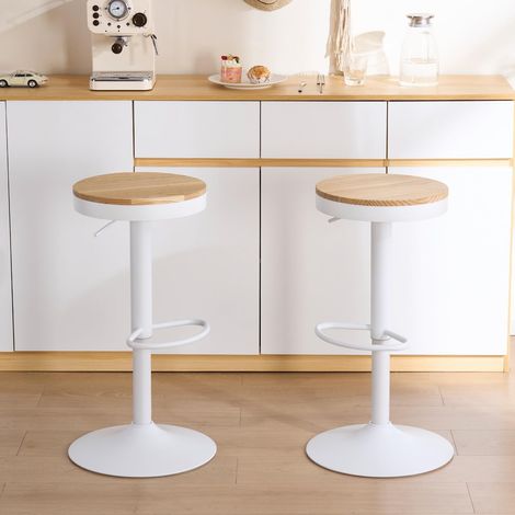Lot de 2 Tabourets de Bar Blanc, Bois Massif, Tabourets de Comptoir à Hauteur Réglable pour Comptoir de Cuisine, Bois Massif-Métal, Vintage Industriel Moderne (1/5)