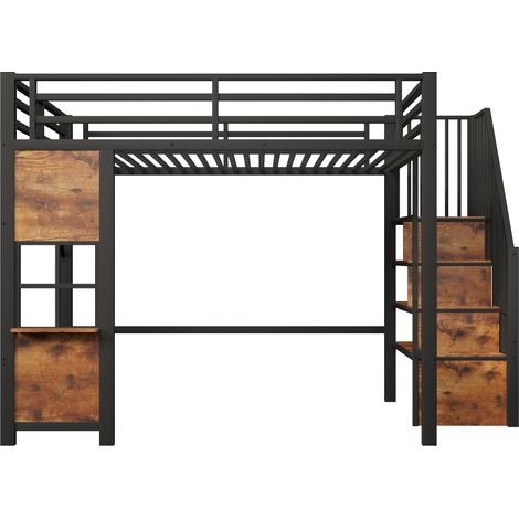 Lit mezzanine 140x200 cm, structure métallique, échelle étagère, rangement ouvert, fenêtre, garde-corps, noir, matelas non inclus (1/5)