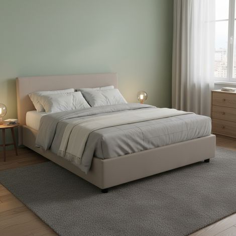 Dmora - Cama matrimonial Dalfons, Cama contenedor con revestimiento de tela, 100% Made in Italy, Apertura frontal, adecuado para colchón Cm 140x200, Tórtola (1/5)