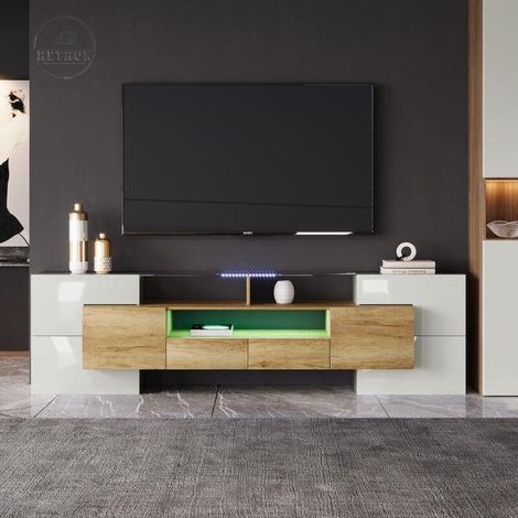 Meuble TV 200x30x60.7cm - lowboard brillant éclairage LED meuble de salon design moderne surface en verre - Blanc et bois (1/5)