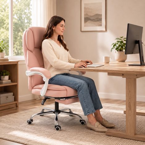 Chaise Bureau Ergonomique Inclinable Cuir Synthétique, Animaux, Hauteur Réglable, Rose (1/5)