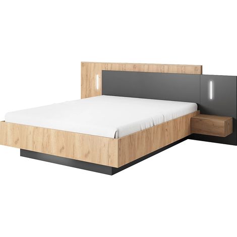 Letto con contenitore con comodini - 2 cassetti - con LED - 160 x 200 cm - Naturale e Antracite - FRANCOLI