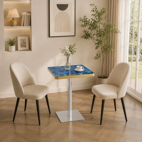 Tavolo da pranzo quadrato 60x60 cm per 2-4 persone, piano effetto marmo, struttura in metallo blu, per cucina