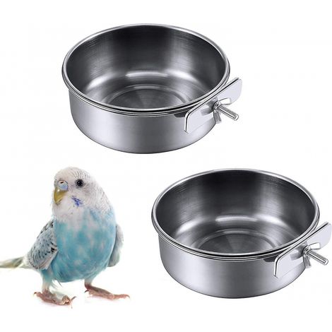 Lot de 2 mangeoires à oiseaux avec support à clip, bol pour nourriture et eau pour perroquet en cage, bol suspendu en acier inoxydable, convient aux perruches et aux calopsittes (1/5)