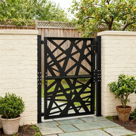 Portail de jardin en métal Porte de jardin en acier, verrouillable Portail de la cour Porte d'entrée pour jardin, terrasse et allée avec motif perforé géométrique, 125 cm de haut (noir) (1/5)