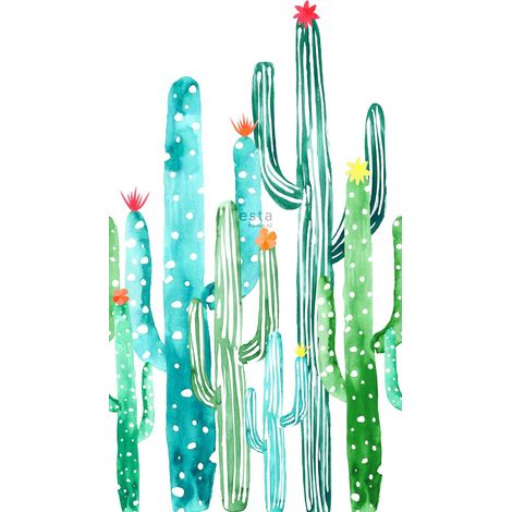 papier peint panoramique cactus à fleurs peint à l'aquarelle vert jungle tropicale et turquoise - ESTAhome (1/5)