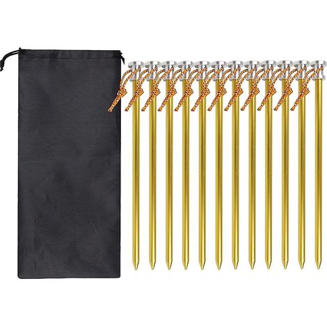 Lot de 12 piquets de tente extérieurs de 23 cm avec sac de rangement, résistants au vent, accessoires de camping, couleur or. (1/5)
