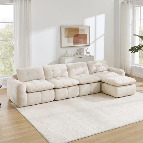 Canapé d’angle modulable XL 4 places avec pouf, canapé en L en chenille avec assise moelleuse et modules séparables Beige, 334 x 160 x 68 cm (1/5)