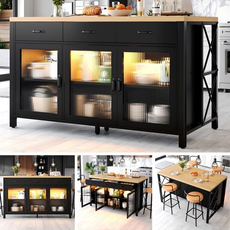 Îlot de cuisine avec 3 tiroirs et portes vitrées, design industriel, 150 x 80 x 90 cm, éclairage intégré, pieds réglables, noir naturel (1/5)