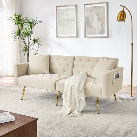 Sofá de 2 plazas beige en terciopelo con respaldo ajustable de 3 posiciones y 2 cojines (1/5)