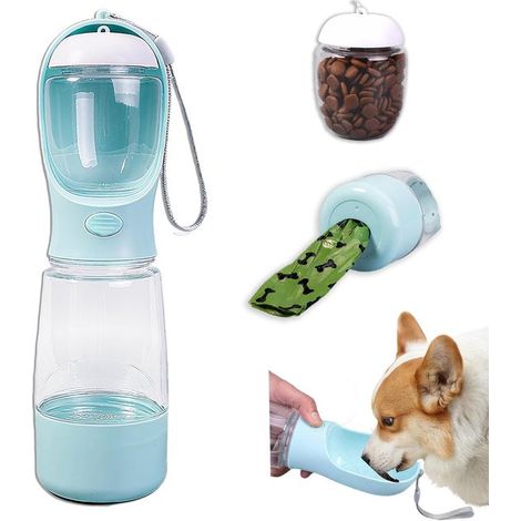 Bouteille d'eau pour chien avec gamelle et porte-sacs à déjections - Compatible lave-vaisselle - Étanche et portable - 500 m - Bleue (1/5)