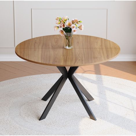 Table à manger ronde 110 cm noire et noyer en MDF et métal avec base en X (1/5)