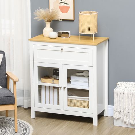 Aparador de Cocina Moderno Mueble Buffet Auxiliar con Cajón Estante Ajustable y 2 Puertas de Vidrio 80x40x90 cm Blanco (1/5)