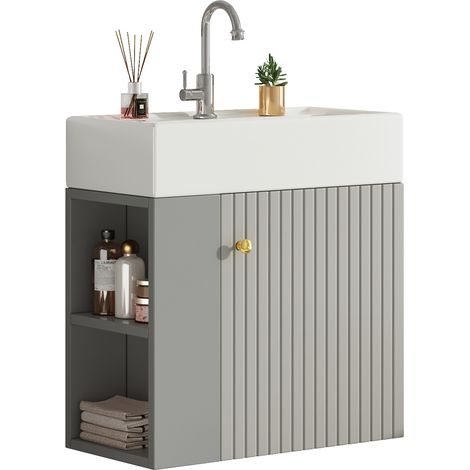 Meuble sous vasque 55 cm suspendu gris clair avec vasque céramique brillante, rangement latéral et placard pratique pour petite salle de bain  CHICFURN (1/5)