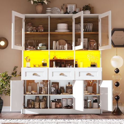 Armoire de cuisine (140×40×175 cm), meuble haut de cuisine, vaisselier, buffet avec étagères réglables, buffet avec éclairage LED, couleurs de lumière variables, blanc/noir