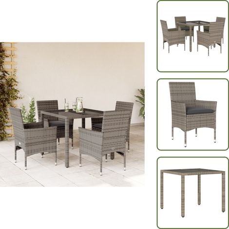 Mesa de jardín - vidaXL Set comedor jardín 5 pzas y cojines ratán sintético vidrio gris - Cojines para sillas