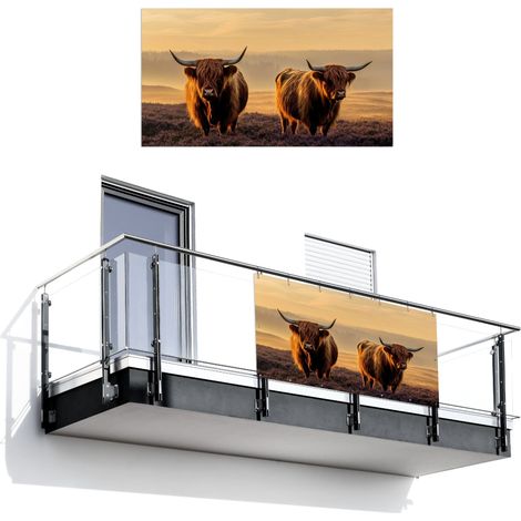 PANTALLA DE PRIVACIDAD PARA BALCÓN Montañeses escoceses - Brezales - Paisaje - Animales 200x110 (1/4)