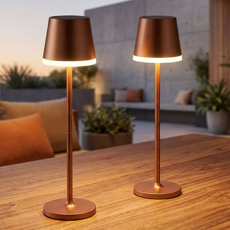 Tischlampe Solarleuchte LED Außenleuchte champagner Akku Gartenleuchte Terrassenlampe, Metall Kunststoff satiniert, spritzwassergeschützt, warmweiß, H 41 cm, 2er Set