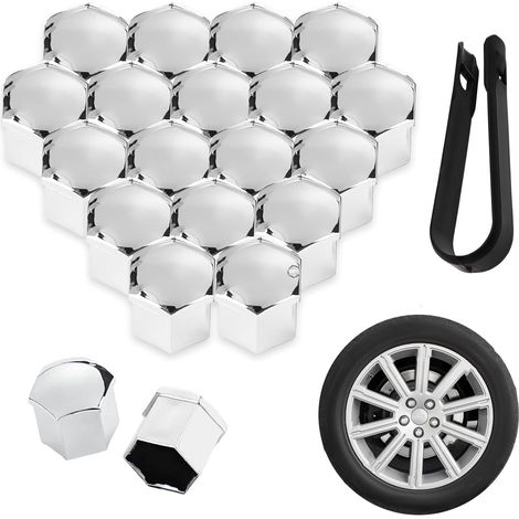 19mm Silver Wheel Bolt Cap Universal Car Wheel Bolt Cap Hub Screw Cover with 1 Removal Plier Dust Protection and Decorative Chrome Finish (1/5)
