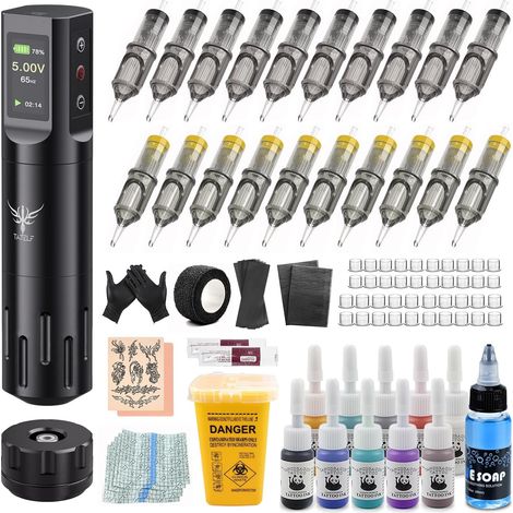 Kit Machine Sans Fil RCA, Kit Accessoires Complet, Batterie 1600mAh Set Outils Portables pour Débutants et Artistes. 10 Encres, 20 Têtes. Création Facile, Prêt à l'Emploi. (1/5)