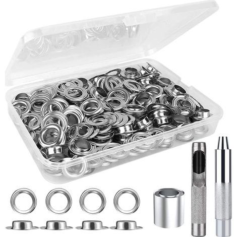 AIDUCHO Kit de Trousse à Oeillets Outils 12mm - 120 Ensembles Oeillet Métallique - Grommet Outils à Oeillet pour Bricolage Rideaux Bâche Toile Tente de Réparation (1/5)