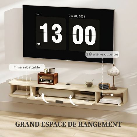 Meuble TV suspendu, meuble télé pour téléviseur jusqu'à 60 pouces, tiroir rabattable 2 étagères 140x24x16cm bois naturel (1/5)