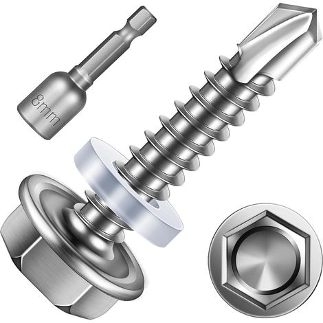 Lot de 25 vis auto-taraudeuses de 6,3 x 50 mm, à tête hexagonale en acier inoxydable, vis à tôle trapézoïdale, avec rondelle d'étanchéité et clé à douille hexagonale (1/5)