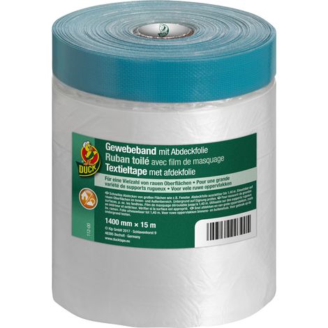 DUCK Ruban toile avec film de masquage 112-00 - Bande adhesive de tissu avec bache de protection - Dimensions : 1400mm x 15m - Couleur transparent (1/2)