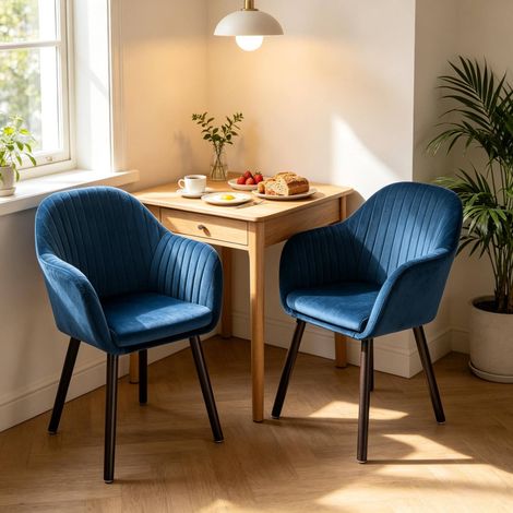 Set de 2 sillas de comedor 81 cm en terciopelo negro/azul con reposabrazos y respaldo ergonómico (1/5)