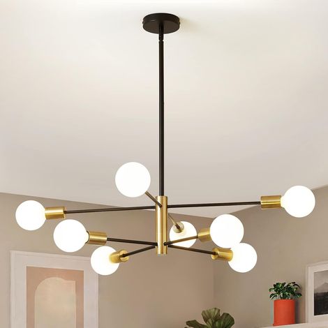 Lustre Spoutnik moderne, suspension vintage 8 lumières, plafonnier industriel rétro, lustre noir et doré, 3 températures de couleur (avec ampoules) (1/5)
