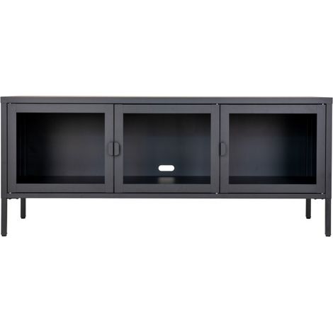 MAINE-Banc TV 3 portes vitrées acier noir 130 cm (1/4)