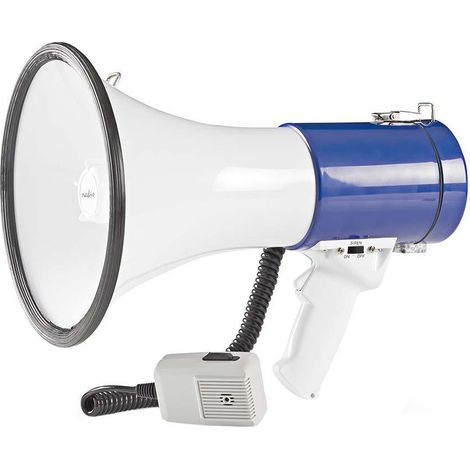 Mégaphone Portée maximale : 1500 m Contrôle du volume maximal : 135 dB Microphone détachable Sirène intégrée Bandoulière Bleu blanc (1/5)