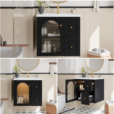 Wandmontierter Badschrank mit Keramikbecken, LED-Beleuchtung, geriffeltem Glastür & Metallgriffen, Waschbeckenunterschrank mit Soft-Closing, Schwarz/Weiß