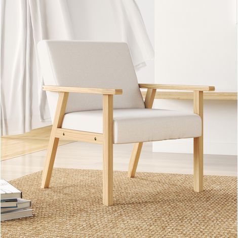Fauteuil lounge 64x70x72 cm blanc crème en tissu effet lin avec accoudoirs et structure en bois (1/5)