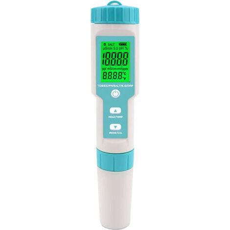 Medidor digital de salinidad y pH 5 en 1: mide la salinidad de 0 a 9990 ppm, con pantalla LCD. Ideal para piscinas, spas y jacuzzis. (1/4)