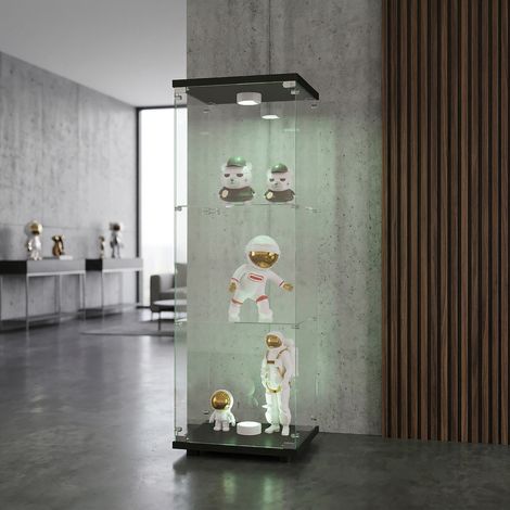 Vitrine 36 x 42 x 125 cm mit verstellbarer LED-Beleuchtung und Schloss – 1-türiger Vitrinenschrank mit 3 Böden – Hartglas, MDF und Metall – Schwarz