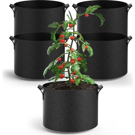 5-Pack Grow Bags 5 Gallon Thickened Plant Grow Bags Multi-Purpose Nonwoven Fabric Pots with Durable Handles, Outdoor Garden Plant Pots for Fruits Vegetables Flowers Herb Bonsai Plants, Black (1/5)