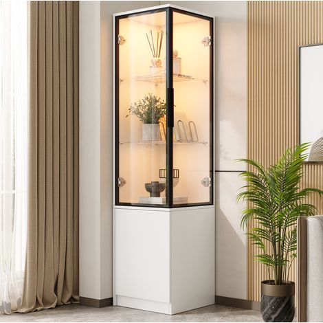MODFU – Vetrina angolare 40x40x160 cm in truciolato con frontale in vetro e LED tramite app, carico 50 kg – Bianco (1/5)