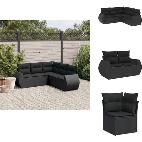 Salon de jardin 5 pcs avec coussins noir résine tressée - Ensemble Salon De Jardin - Salon De Jardin Extérieur - Mobilier De Jardin - Chaise Longue - Table Basse (1/5)