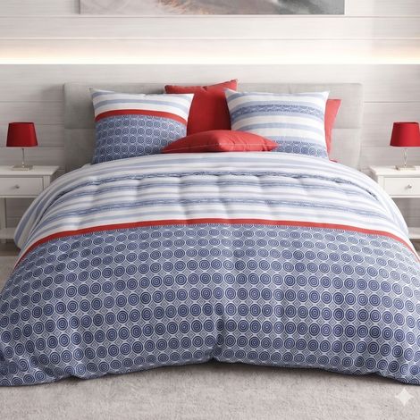 Parure housse de couette 260x240cm + 2 taies motif bleu blanc et rouge 100% coton - TAORINI (1/4)