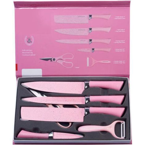 Ensemble de 6 couteaux de cuisine colorés en acier inoxydable avec manche ergonomique rose pour découpe (1/5)